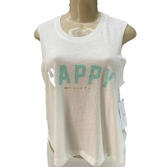 Spiritual Gangster XL Eggshell Happy Statement Crew Neck Raw Edge Crop Tank Top - Picture 2 of 6